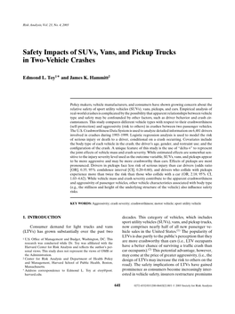 Safety Impacts of Suvs, Vans, and Pickup Trucks in Two-Vehicle Crashes