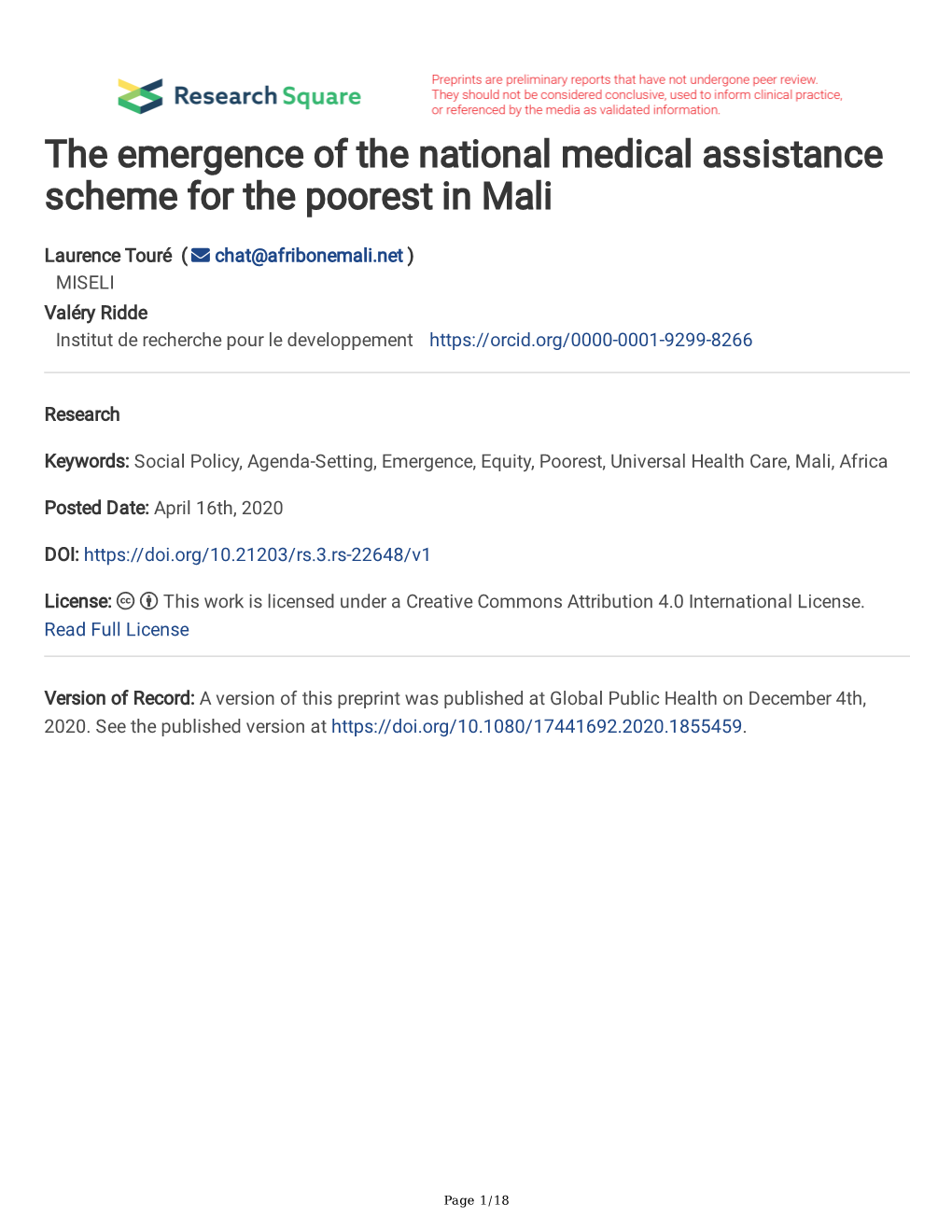 The Emergence of the National Medical Assistance Scheme for the Poorest in Mali