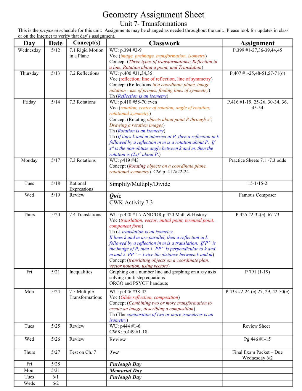 Geometry Assignment Sheet