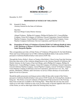 December 16, 2015 PROPOSITION 65 NOTICE of VIOLATIONS TO