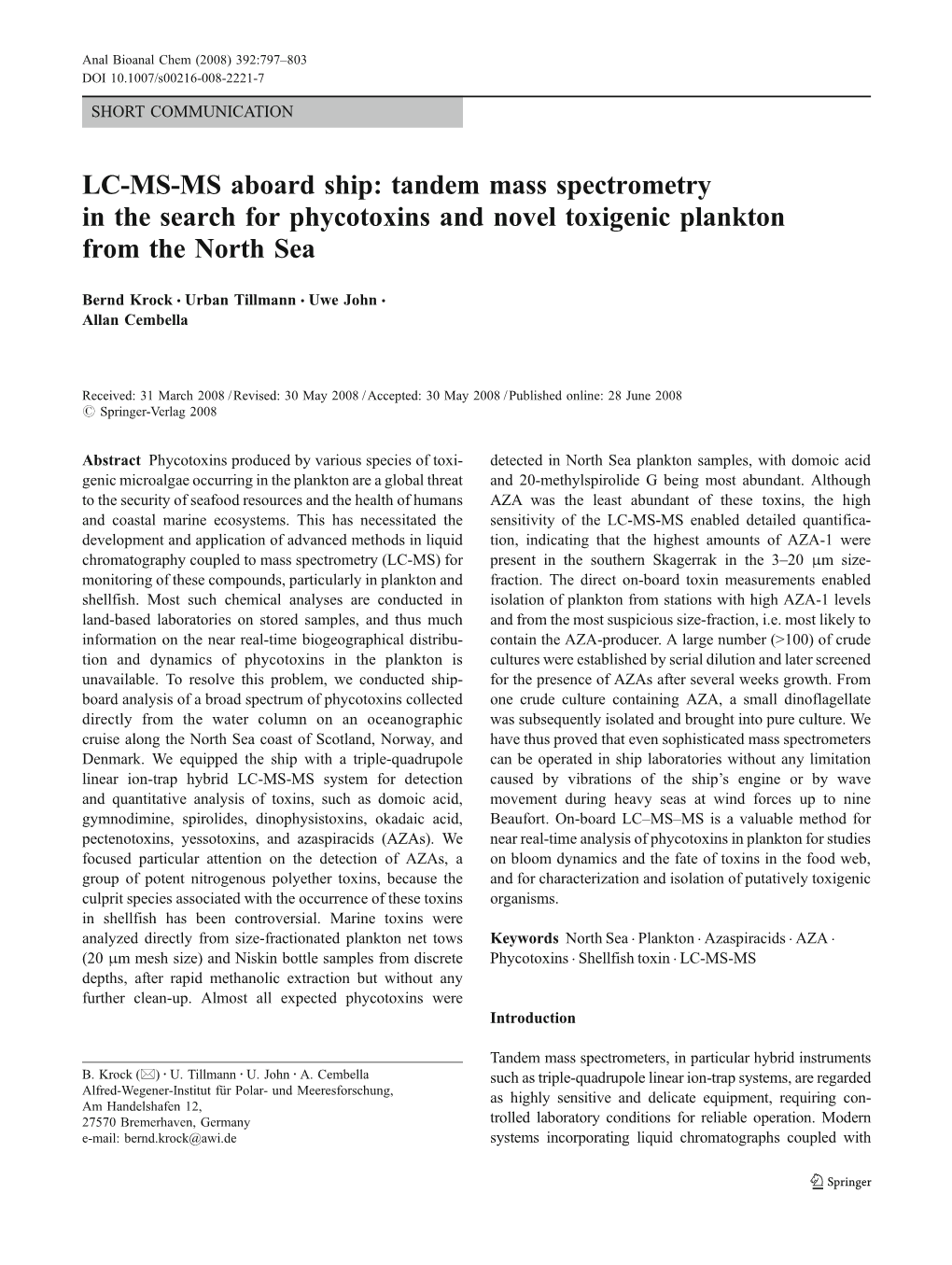 LC-MS-MS Aboard Ship: Tandem Mass Spectrometry in the Search for Phycotoxins and Novel Toxigenic Plankton from the North Sea