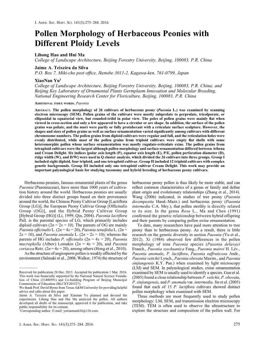 Pollen Morphology of Herbaceous Peonies with Different Ploidy Levels