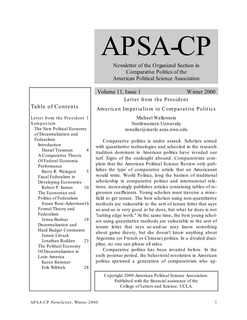 APSA-CP Newsletter of the Organized Section in Comparative Politics of the American Political Science Association