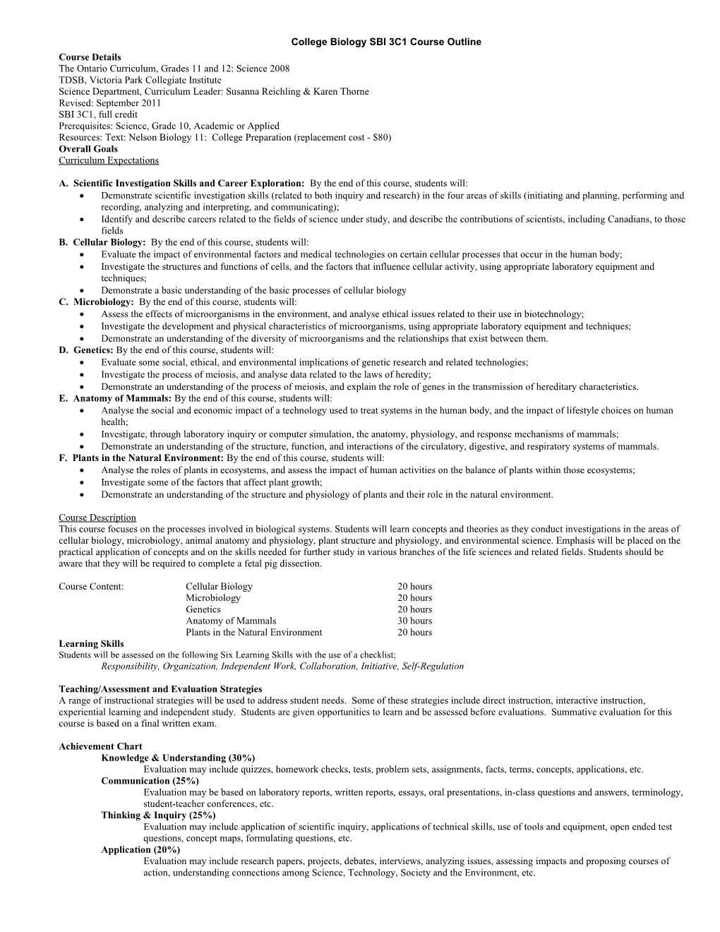 College Biology SBI 3C1 Course Outline