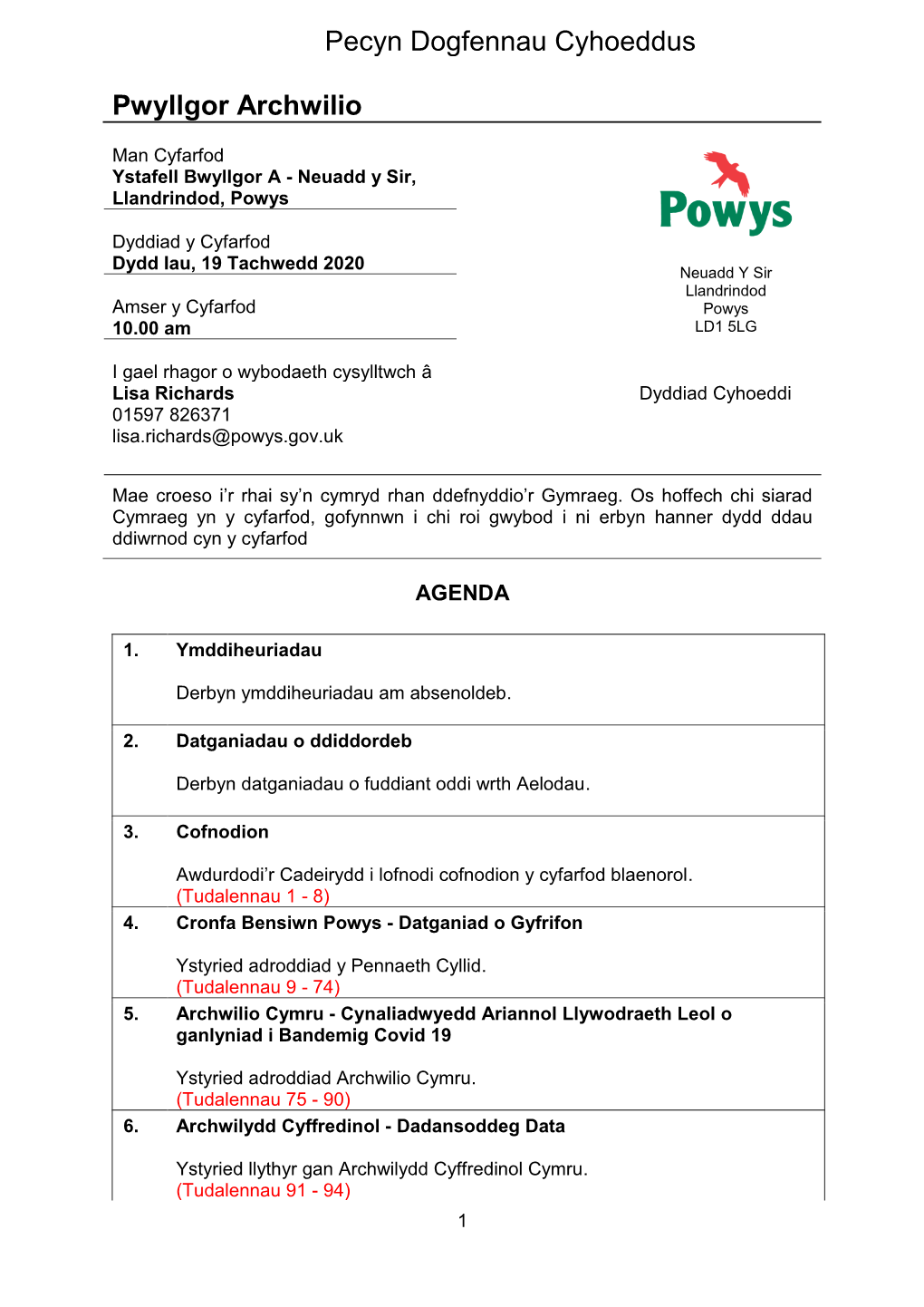 (Pecyn Cyhoeddus)Agenda Dogfen for Pwyllgor Archwilio, 19/11