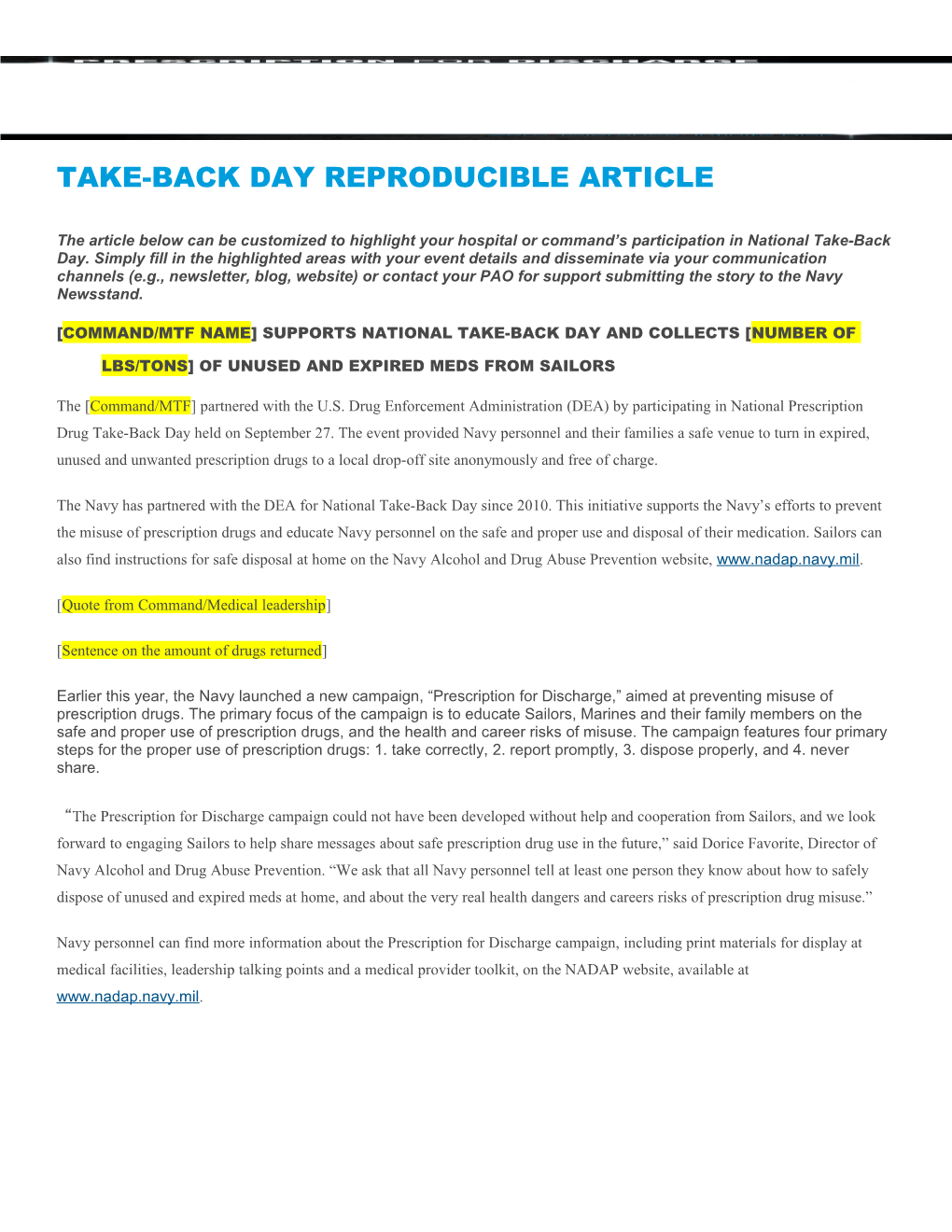 Take-Back Day Reproducible Article