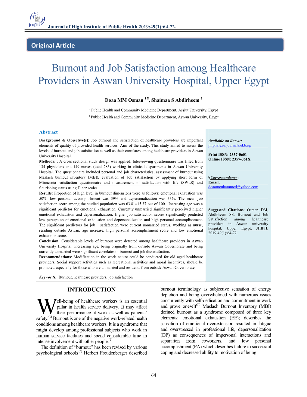 Burnout and Job Satisfaction Among Healthcare Providers in Aswan University Hospital, Upper Egypt