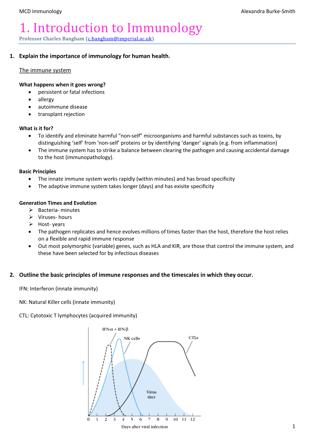 1. Introduction to Immunology Professor Charles Bangham (C.Bangham@Imperial.Ac.Uk)