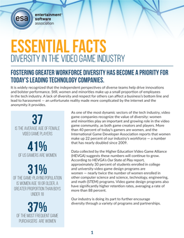 ESSENTIAL FACTS DIVERSITY in the VIDEO GAME INDUSTRY Fostering Greater Workforce Diversity Has Become a Priority for Today’S Leading Technology Companies