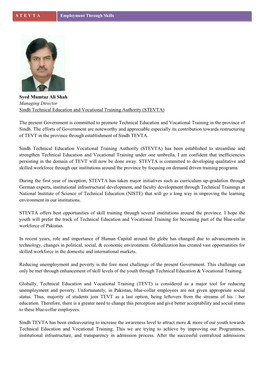 Syed Mumtaz Ali Shah Managing Director Sindh Technical Education and Vocational Training Authority (STEVTA) the Present Governme