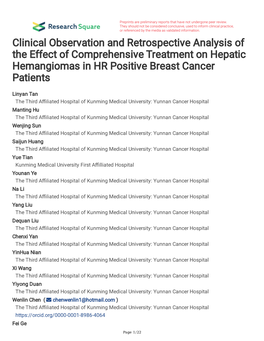 Clinical Observation and Retrospective Analysis of the Effect of Comprehensive Treatment on Hepatic Hemangiomas in HR Positive Breast Cancer Patients