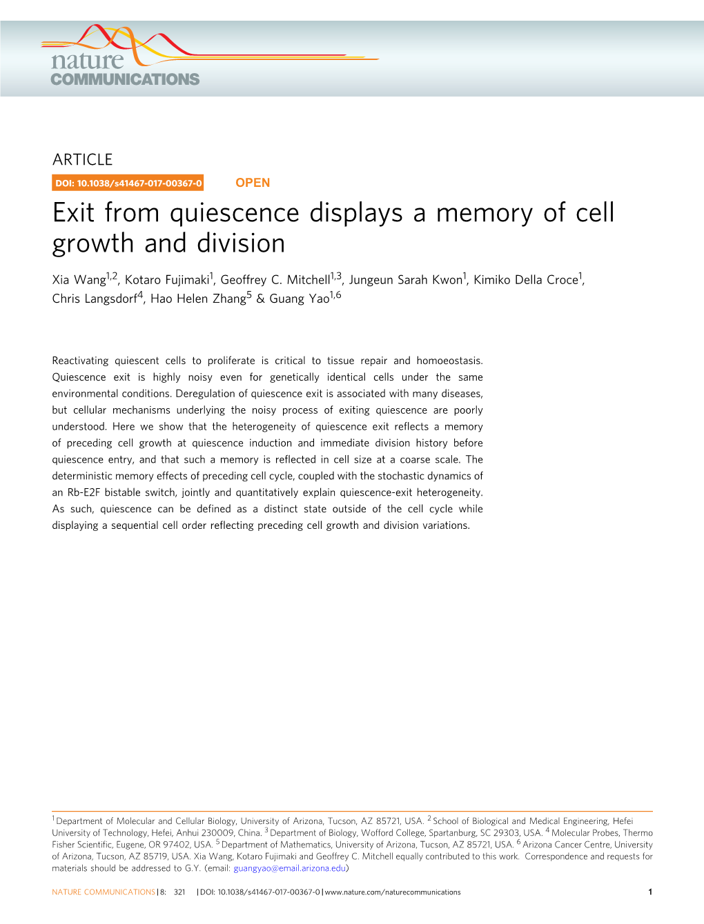 Exit from Quiescence Displays a Memory of Cell Growth and Division