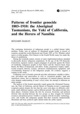 Patterns of Frontier Genocide 1803–1910: the Aboriginal Tasmanians, the Yuki of California, and the Herero of Namibia