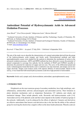 Antioxidant Potential of Hydroxycinnamic Acids in Advanced Oxidation Processes