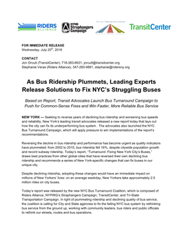 As Bus Ridership Plummets, Leading Experts Release Solutions to Fix NYC’S Struggling Buses