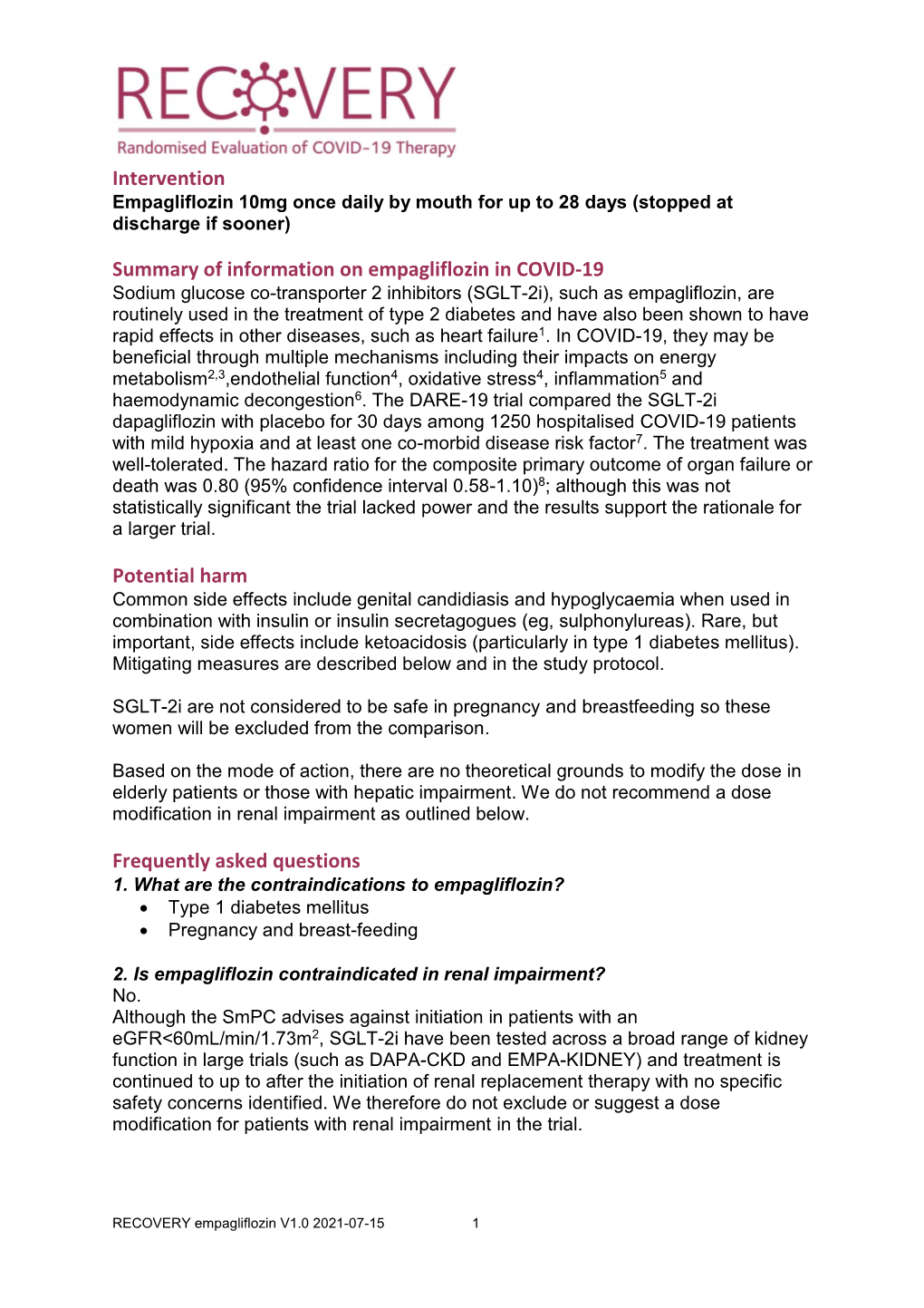 Intervention Summary of Information on Empagliflozin in COVID-19