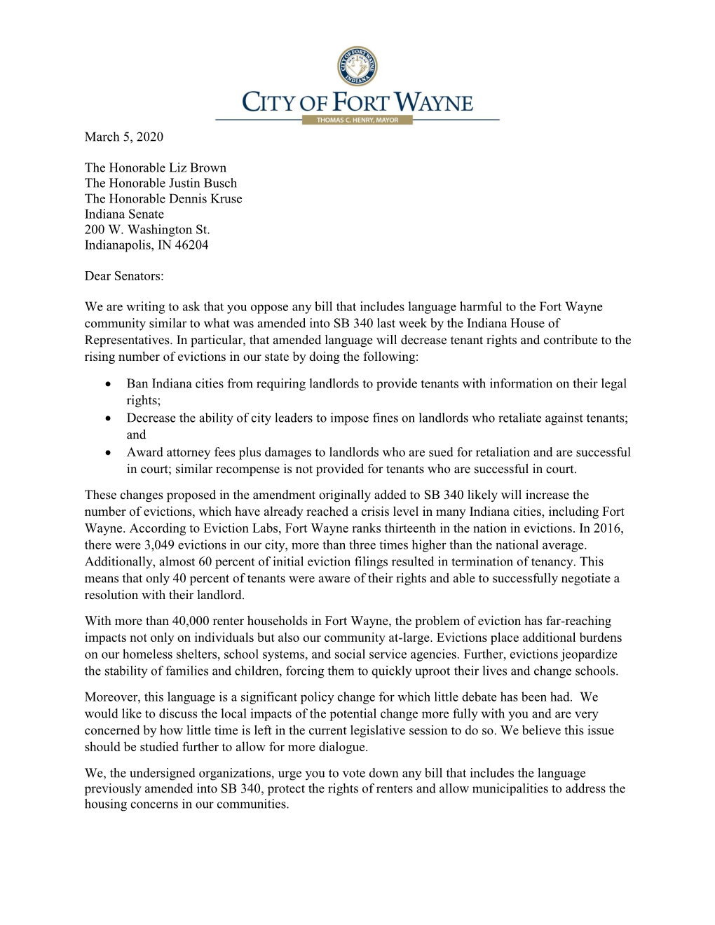 City of Fort Wayne SB340 Opposition Letter