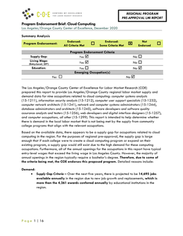 Program Endorsement Brief: Cloud Computing Los Angeles/Orange County Center of Excellence, December 2020