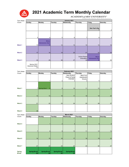 2021 Academic Term Monthly Calendar | Academy of Art University