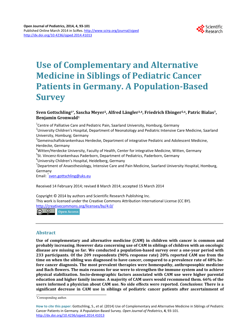 Use of Complementary and Alternative Medicine in Siblings of Pediatric Cancer Patients in Germany