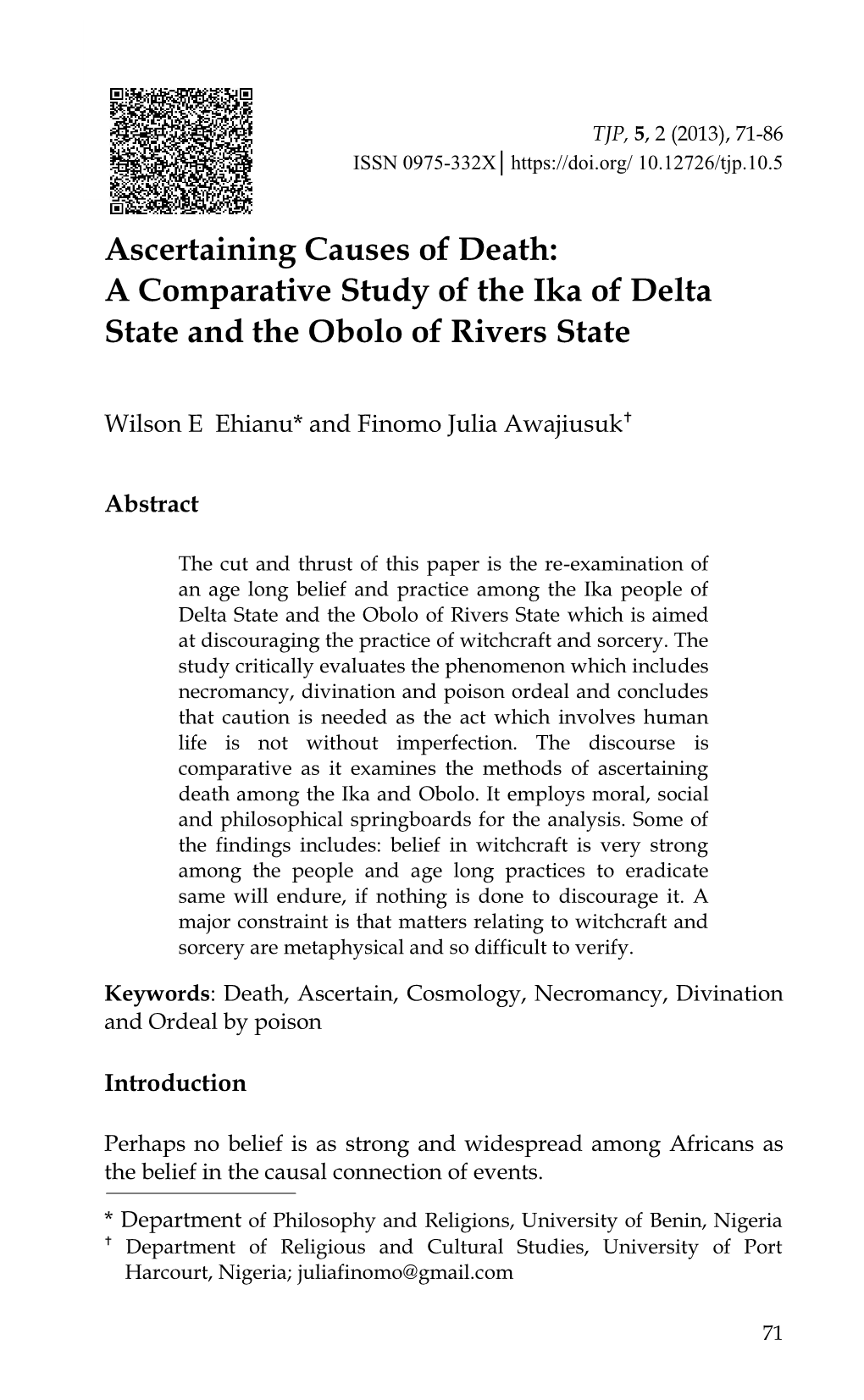 Ascertaining Causes of Death: a Comparative Study of the Ika of Delta State and the Obolo of Rivers State