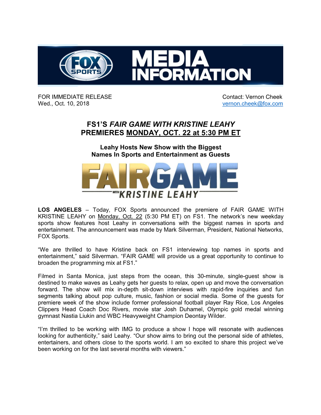 FS1's FAIR GAME with KRISTINE LEAHY Premieres Monday, Oct. 22 at 5:30 PM ET