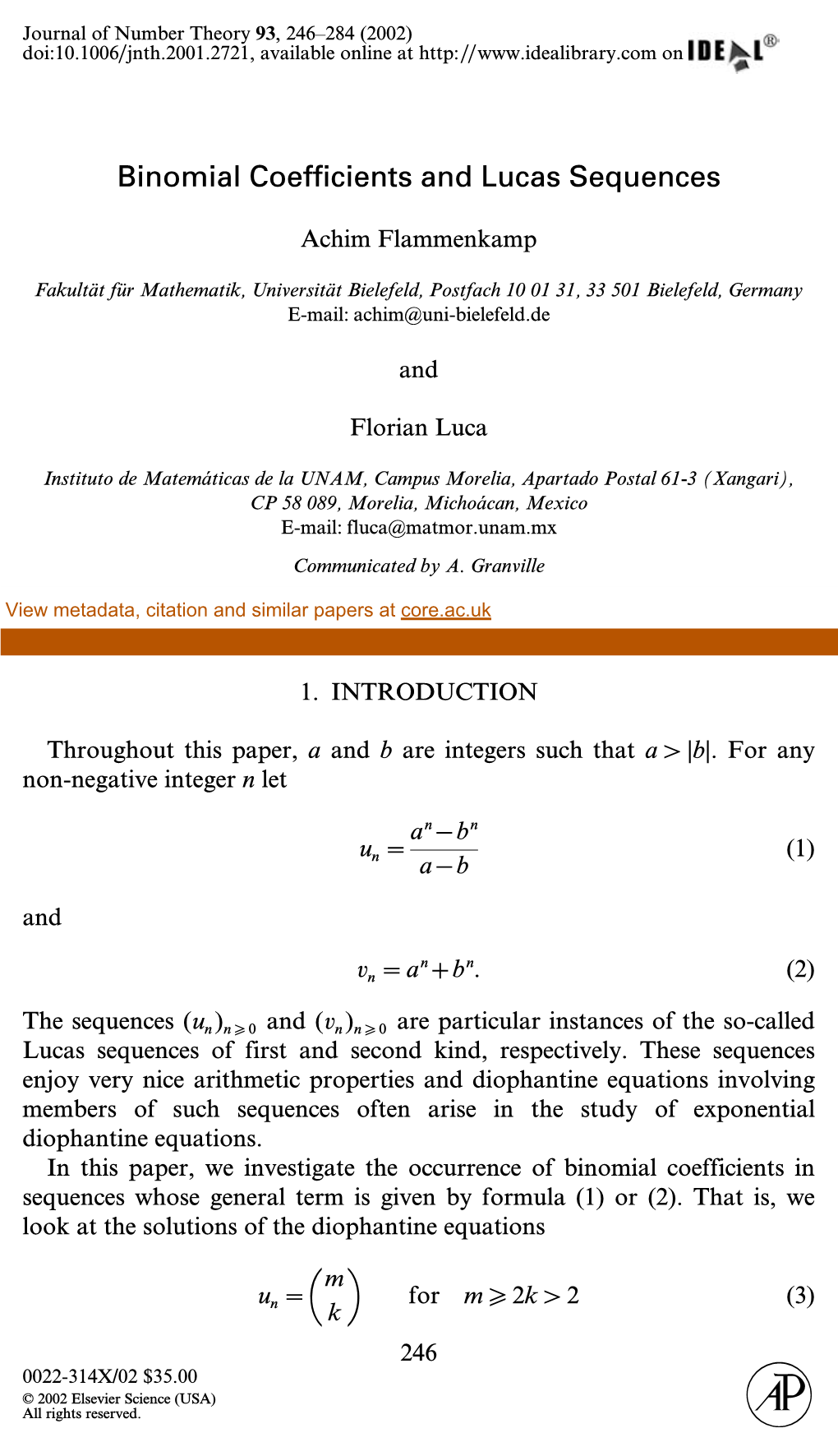 Binomial Coefficients and Lucas Sequences