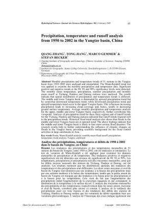 Precipitation, Temperature and Runoff Analysis from 1950 to 2002 in the Yangtze Basin, China