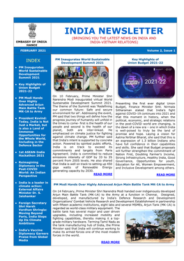 INDIA NEWSLETTER (BRINGING YOU the LATEST NEWS on INDIA and EMBASSY of INDIA INDIA-VIETNAM RELATIONS) HANOI FEBRUARY 2021 Volume 2, Issue 1