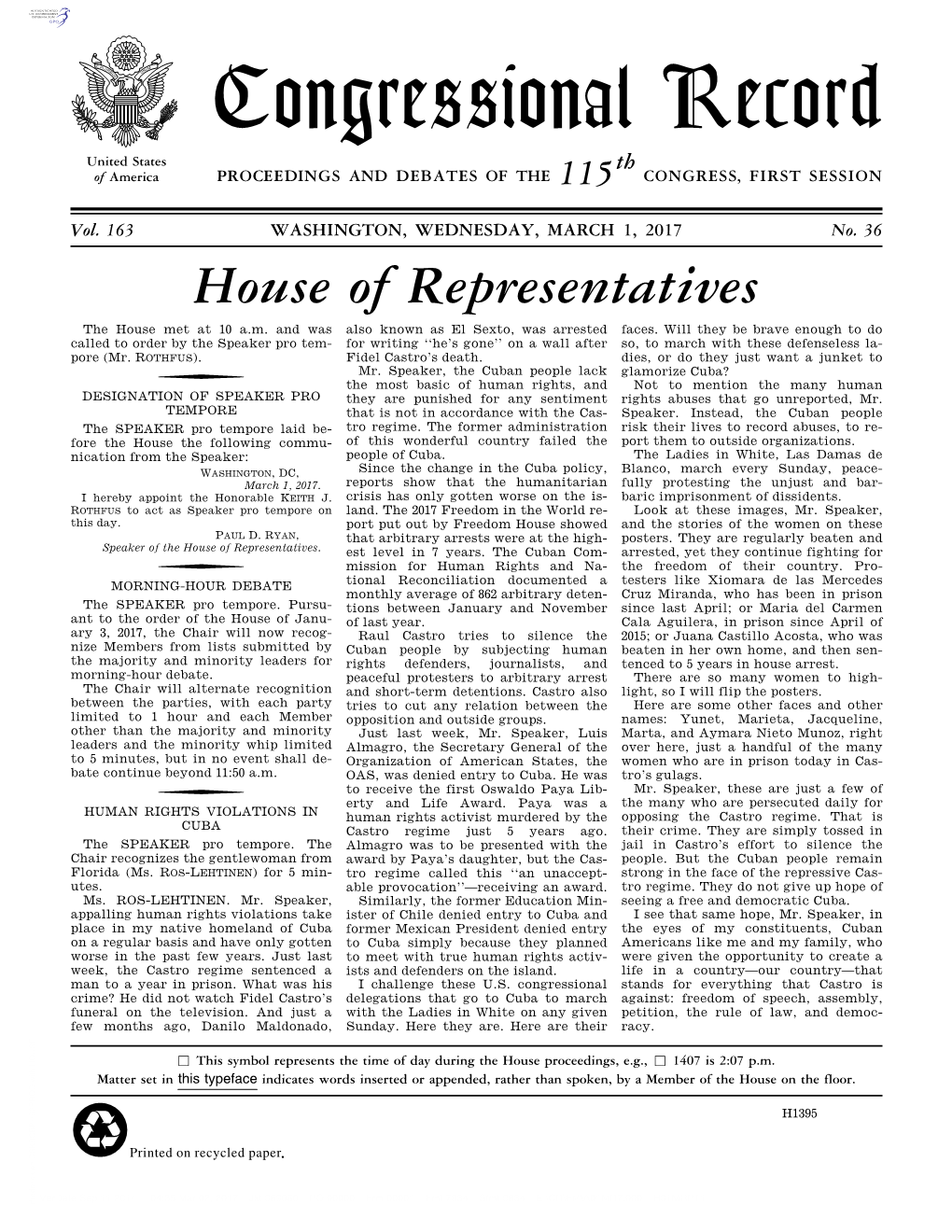 Congressional Record United States Th of America PROCEEDINGS and DEBATES of the 115 CONGRESS, FIRST SESSION