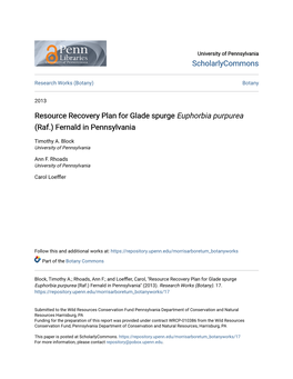 Resource Recovery Plan for Glade Spurge Euphorbia Purpurea (Raf.) Fernald in Pennsylvania