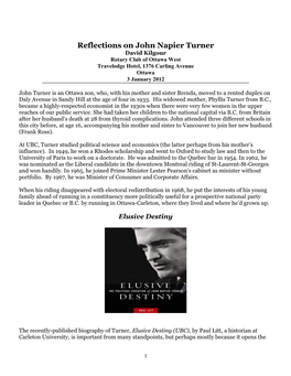 Reflections on John Napier Turner David Kilgour Rotary Club of Ottawa West Travelodge Hotel, 1376 Carling Avenue Ottawa 3 January 2012