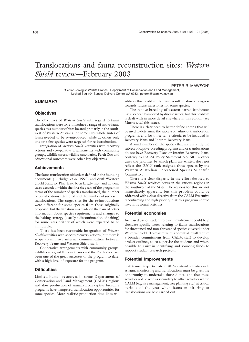 Translocations and Fauna Reconstruction Sites: Western Shield Review—February 2003