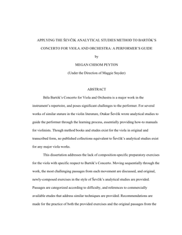 APPLYING the ŠEVČIK ANALYTICAL STUDIES METHOD to BARTÓK's CONCERTO for VIOLA and ORCHESTRA: a PERFORMER's GUIDE by MEGAN