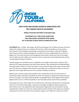 Host Cities and Racing Schedule Announced for 2017 Amgen Tour of California