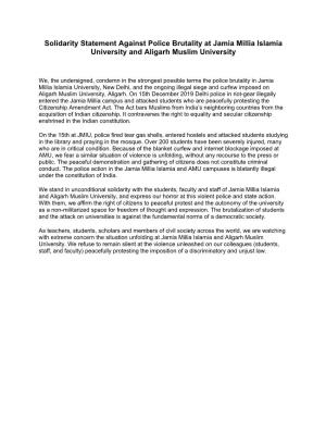 Solidarity Statement Against Police Brutality at Jamia Millia Islamia University and Aligarh Muslim University