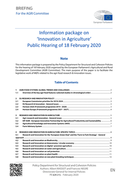 "Innovation in Agriculture" Public Hearing of 18 February 2020