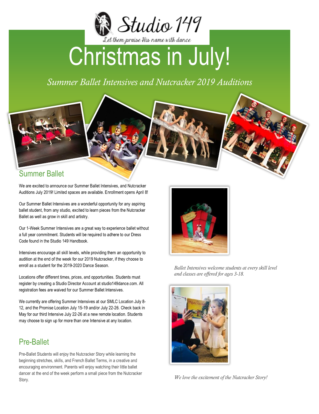 Christmas in July! Summer Ballet Intensives and Nutcracker 2019 Auditions