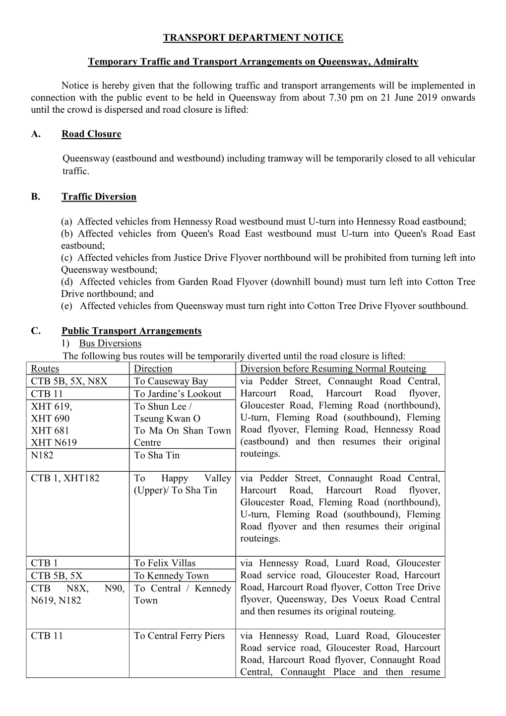 Temporary Traffic and Transport Arrangements on Queensway, Admiralty