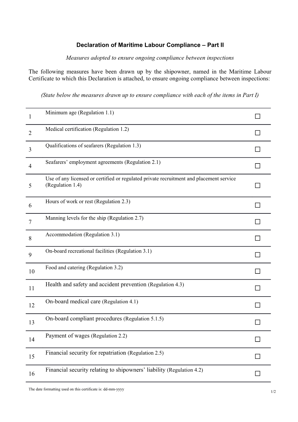 Declaration of Maritime Labour Compliance Part II