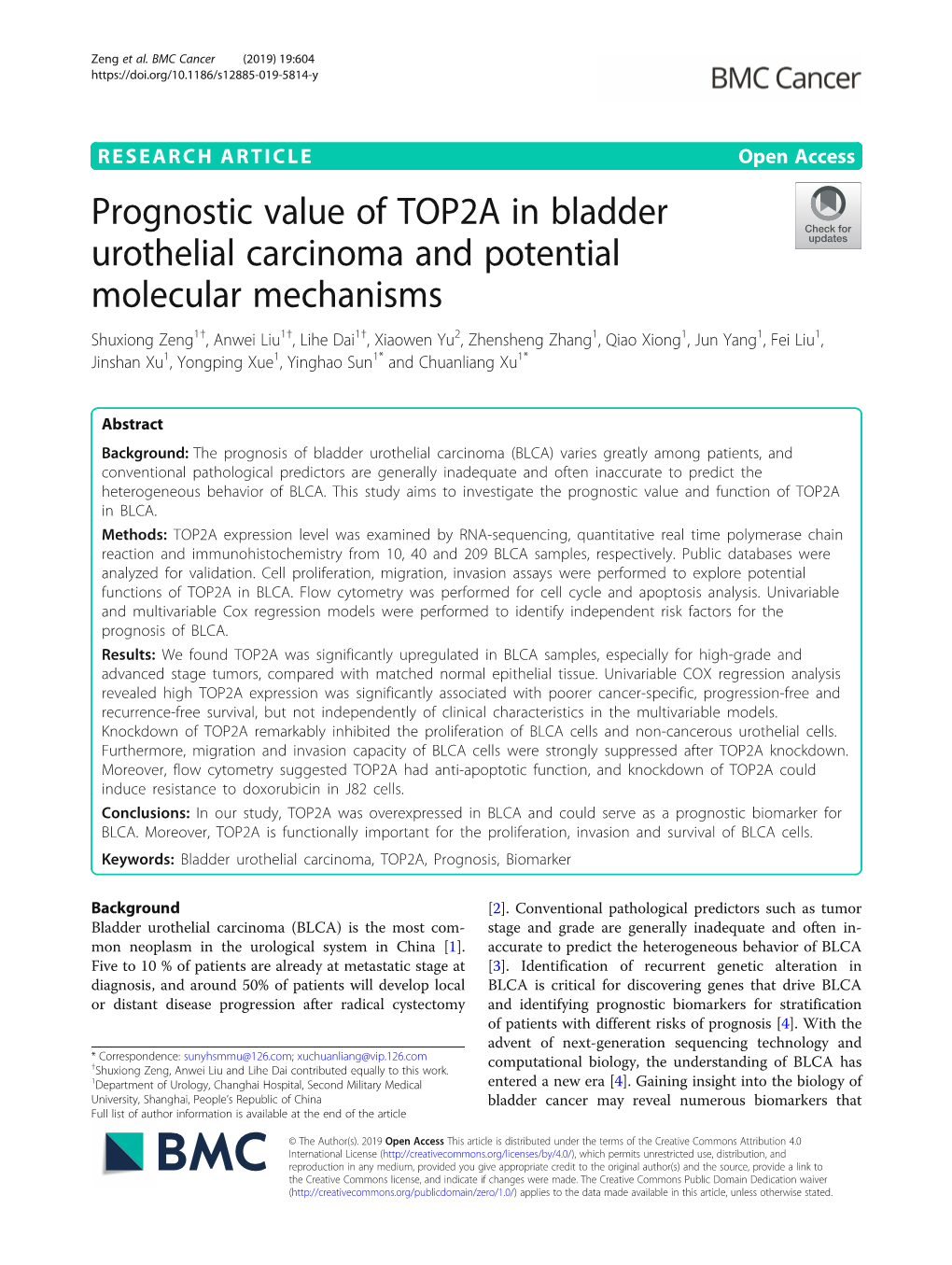 Prognostic Value of TOP2A in Bladder Urothelial Carcinoma and Potential Molecular Mechanisms