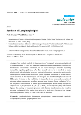 Synthesis of Lysophospholipids