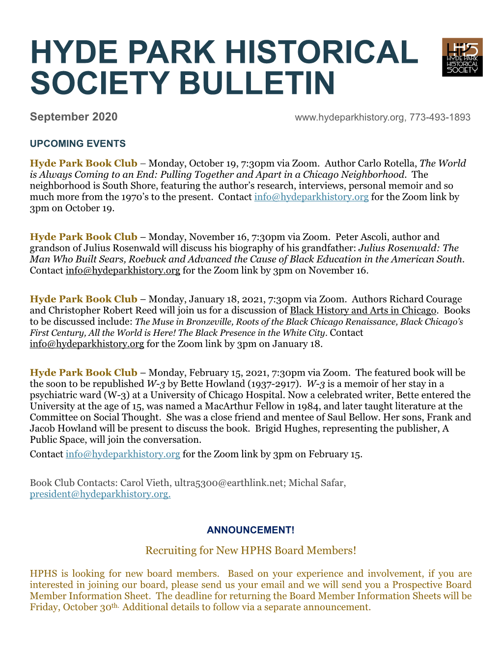 HPHS Bulletin September 2020