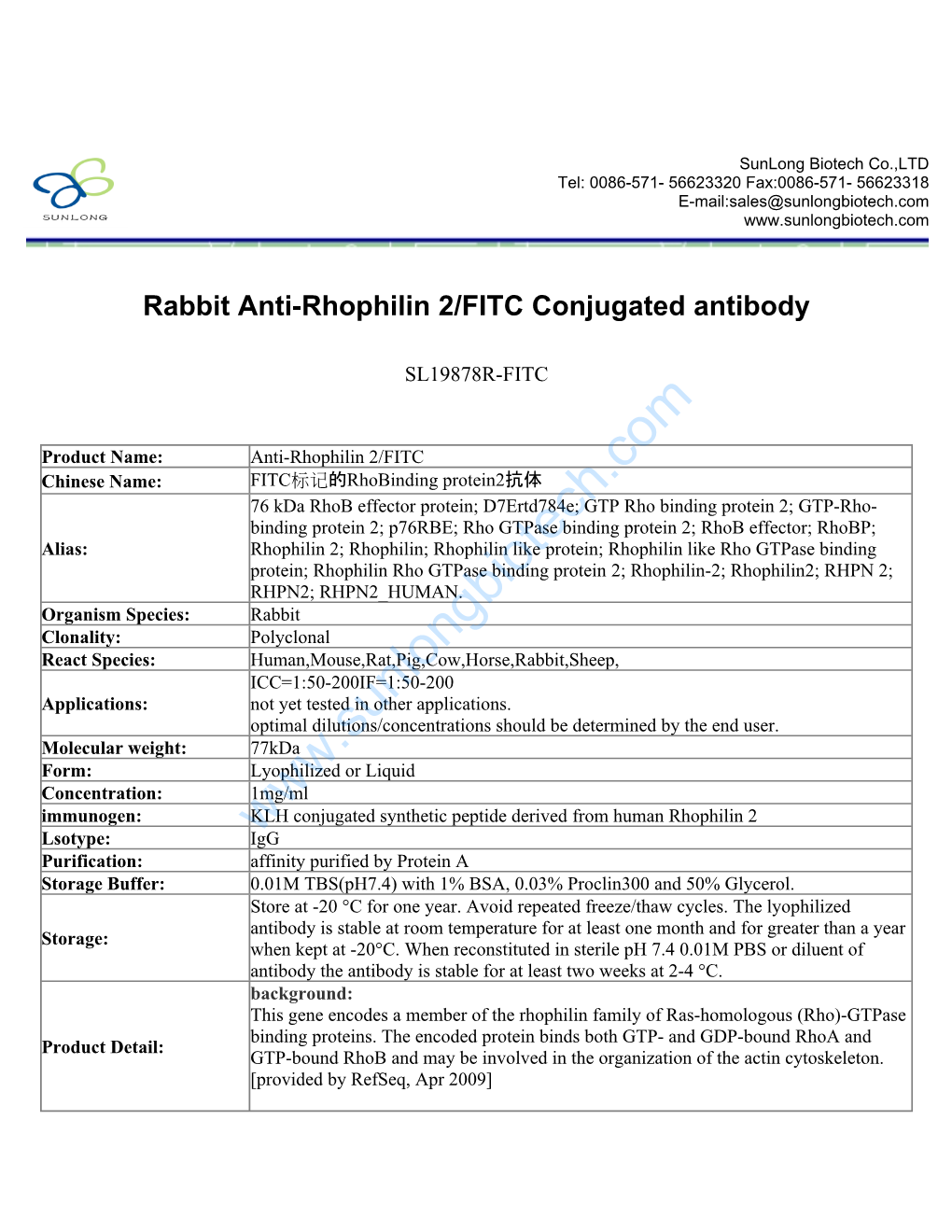 Rabbit Anti-Rhophilin 2/FITC Conjugated Antibody-SL19878R