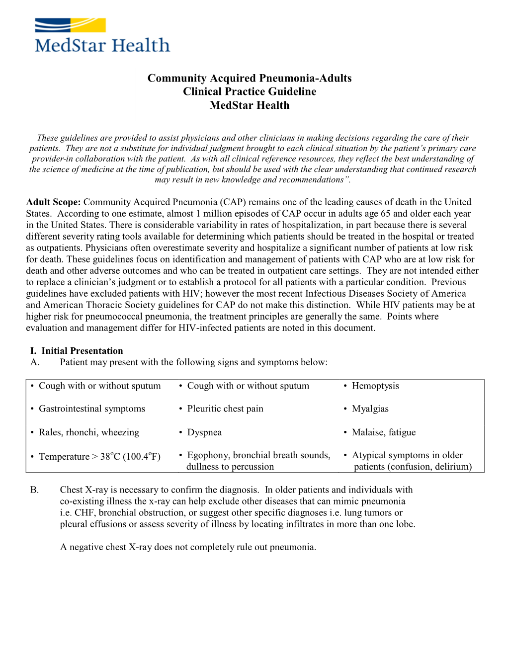 Community Acquired Pneumonia Adults Clinical Practice Guideline Medstar Health Docslib 1114