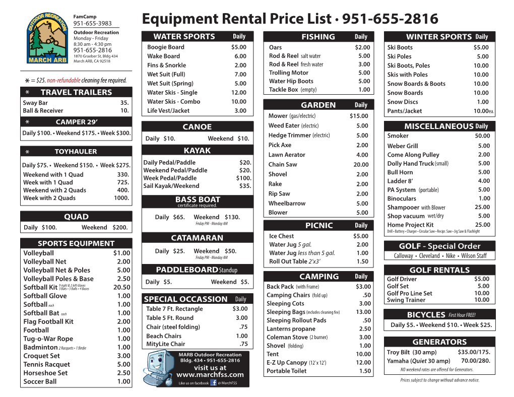 MARB OUTDOOR RECREATION Equipment Rental Price List