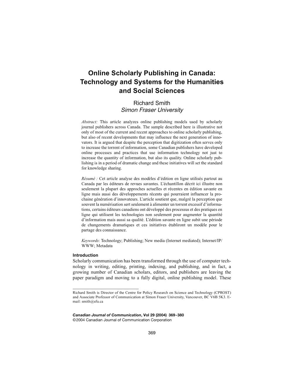 Online Scholarly Publishing in Canada: Technology and Systems for the Humanities and Social Sciences