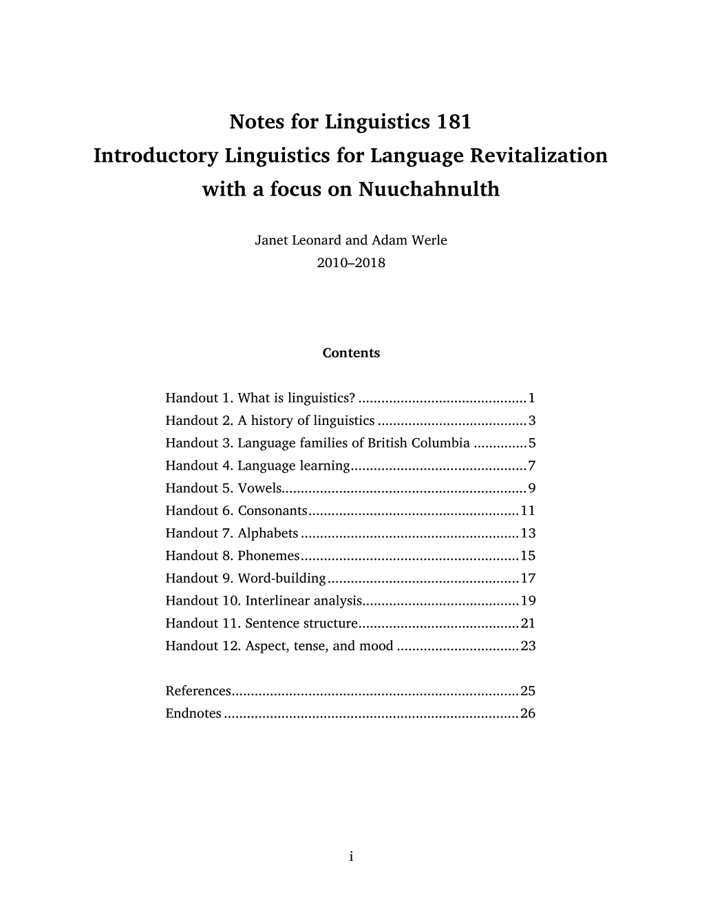 Linguistics 181 Course Notes