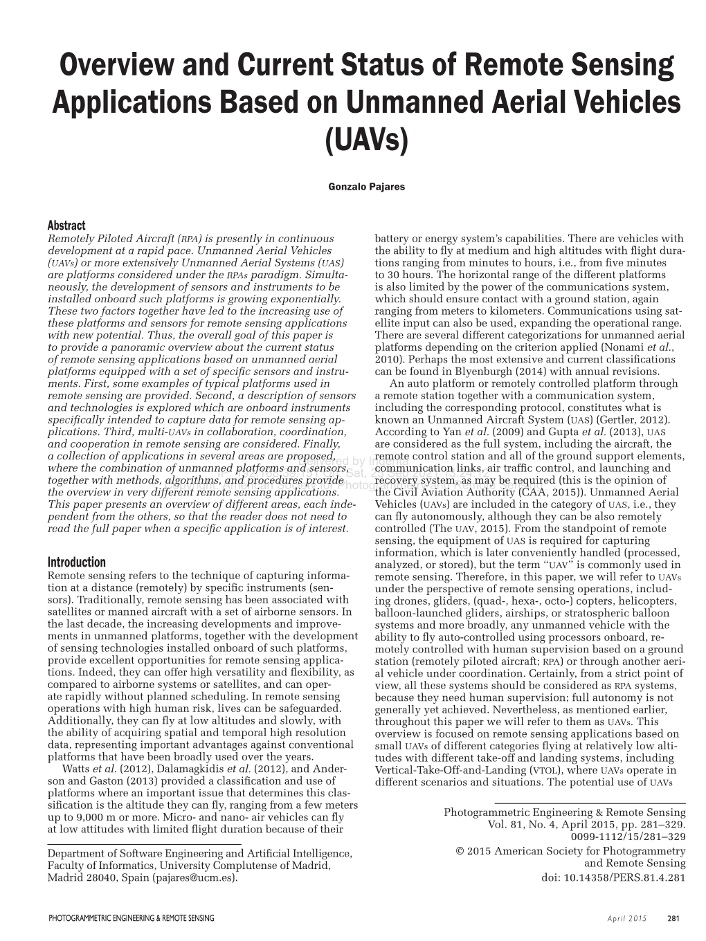 Overview and Current Status of Remote Sensing Applications Based on Unmanned Aerial Vehicles (Uavs)