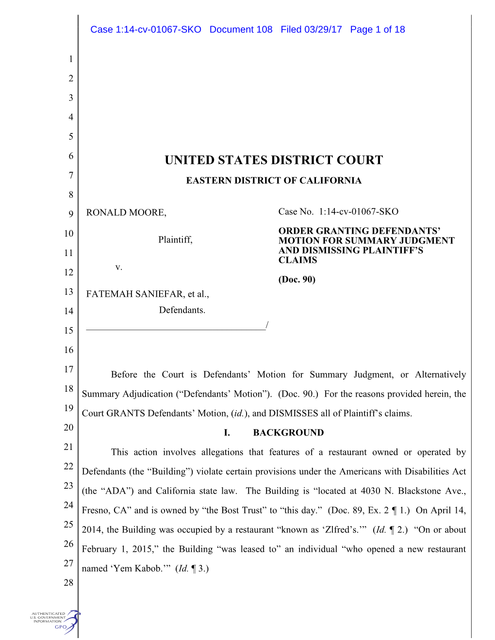 United States District Court 7 Eastern District of California 8